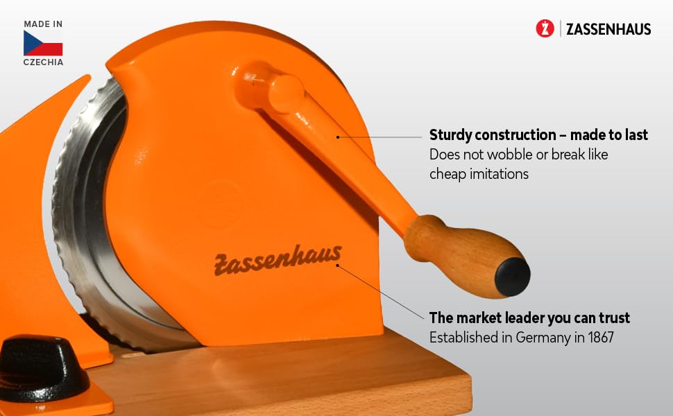 Zassenhaus Original Classic Adjustable Bread Slicer for Uniform Slices - Bread Slicer for Homemade Bread - 18/8 Stainless Steel Blade Sourdough Cutter -Orange, 11.75" x 8" - color: Orange, size: 11.75" x 8" x 4.7"