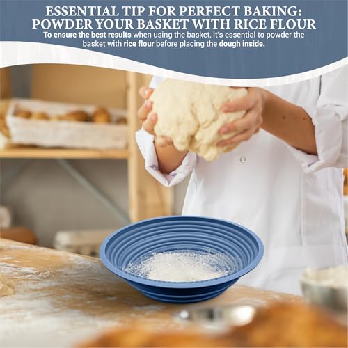 Premium Foldable Silicone Sourdough Banneton Basket | Bread Proofing & Baking Basket Set - Includes Oval & Round Bowls (9.5 Inch) - Oven & Dishwasher Safe, Gifts for Bakers - Blue - color: Blue