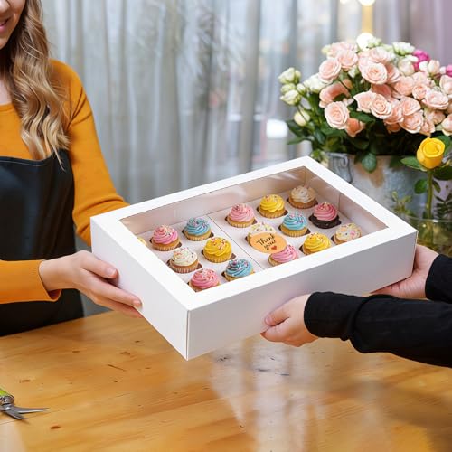 Fuutreo 10 Pack Mini White Cupcake Boxes with Window 16 x 11 x 4 Inches 24 Count Auto Pop up Large Cookie Boxes Cupcake Containers with Thank You Label Stickers for Muffins Pastries Donuts Cookies - size: Small size