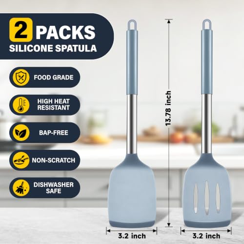 2 Pack Silicone Spatula Set, Solid & Slotted Turner for Non-Stick Pans - color: Blue