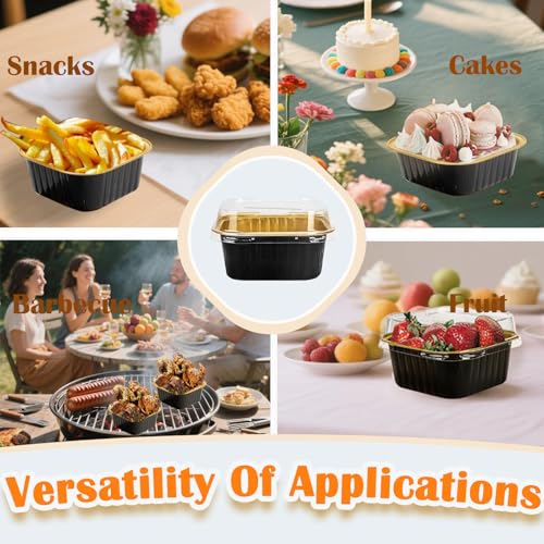 50 Pcs Mini Square Baking Cups with Lids,10oz Aluminum Foil Mini Cake Pans with Lids,Disposable Ramekins Cake Pans,300ml Dessert Cups Cupcake Pans for Wedding Birthday Party,Blackgold - color: Black/Gold, size: 10oz