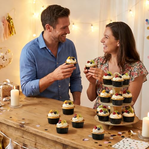 100-Pack 5 oz Black Gold Mini Cake Pans with Lids, Disposable Aluminum Foil Baking Cups, Muffin Tins, Ramekins for Cupcakes, Brownies, Flan, Pudding - Wedding, Birthday Party Supplies - color: Black/Gold