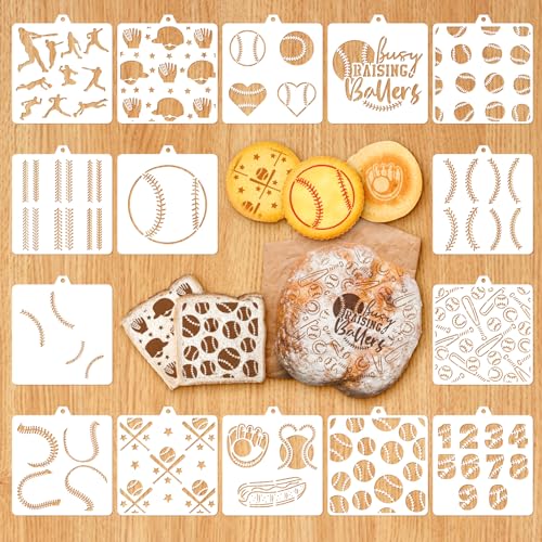 Whaline 15 Pcs Baseball Cookie Stencils Baseball Painting Stencils with Bead Chain Decorative Baking Templates for Biscuit Cake Party DIY Crafts - style: Baseball