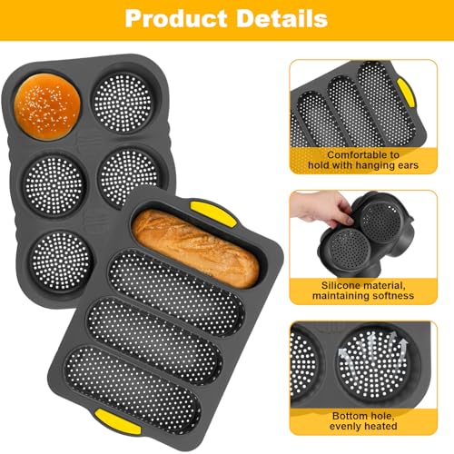 3 Pcs Silicone Baguette Pan and Hamburger Bun Pan Set, Non-Stick Hamburger Bun Mold for Baking with Scraper, 4 Wave Silicone Baguette Bread Pan Set & 6 Cup Silicone Hamburger Bun Mold