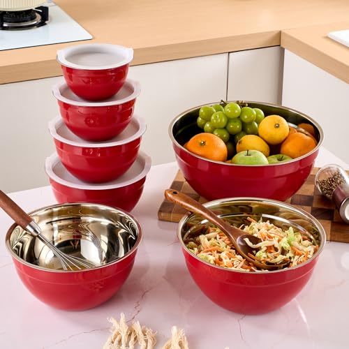 Red Mixing Bowls with Airtight Lids, Stainless Steel Nesting Mixing Bowls Set of 7, Ideal for Baking, Prepping and Serving Food, Size 7, 3.6, 2.7, 2.1, 1.5, 1.1,0.8 QT, Stackable Design - color: Red, size: 7 Pieces