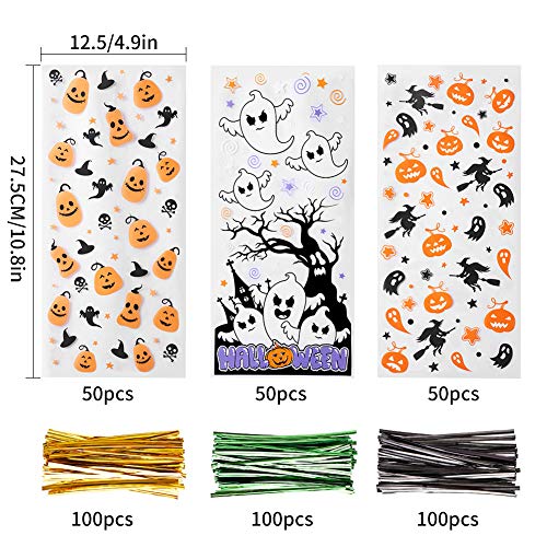 CCINEE Halloween Cellophane Treat Bags, 150pcs Halloween Plastic Clear Candy Bags with 300pcs Twists for Snacks Cookies Packing - color: Halloween-150pcs