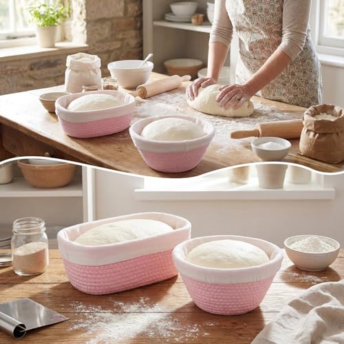 2 Pcs Banneton Bread Proofing Basket with Liners, Pink - color: Pink