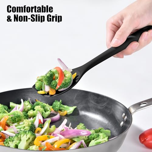Doosu Silicone Cooking Spoon Spatula for Nonstick Cookware (2Pcs, Black) - color: Black, size: 11.1 & 11.4in
