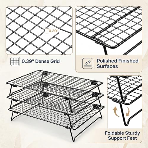 3-Tier Stackable Cooling Rack for Cooking and Baking, 17" x 11" Large Black Wire Cooling Rack, Foldable & Heavy Duty Cookie Cooling Rack, Oven Safe Baking Rack