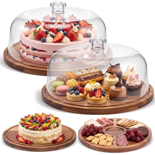 Mifoci 2 Pack Acacia Wood Cake Stand Serving Tray with Acrylic Lid, Charcuterie Table Display Set, 12 x 12 Inches Dessert Serving Tray Set for Bakery, Buffet, Home Party & Restaurant - color: Acacia Wood, size: 12 x 12 Inches