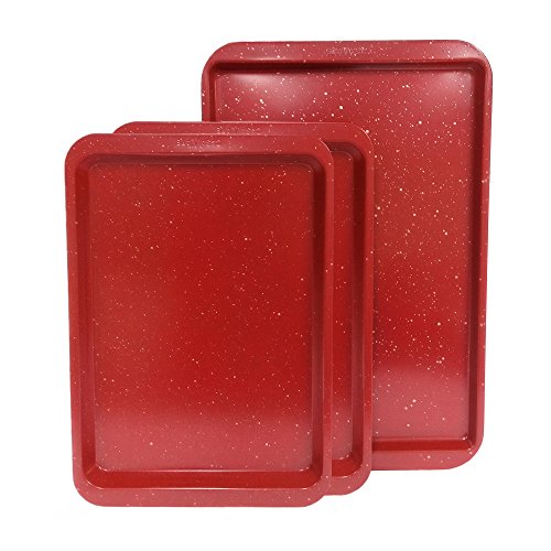 casaWare 3pc Multi-Size Cookie Sheet/Jelly Roll Pan Set (Red Granite)