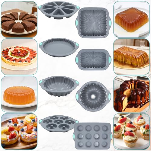 To encounter 51 Piece Silicone Baking Pan Set, Non-Stick Bakeware Set with Baking Pans, Reusable Donut Mold, Food-Grade Silicone Molds for Cakes, Cookies, Muffins, Bread, Light Grey - size: 51 Pcs Bakeware Sets