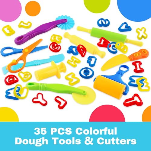 Dough Tools 35pcs Dough Tools Play for Kids Clay Accessories with Rolling Pins,Letter Cutters,Roller,Safety Scissors,Plastic Knife - color: Letter