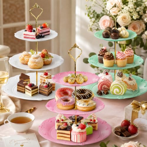 Fasmov 3 Pack 3 Tier Plastic Cupcake Stand, Dessert Plates Cake Fruit Candy Display Tower Reusable Pastry Platter for Wedding Birthday Baby Shower Tea Party Decorations - White Pink Green