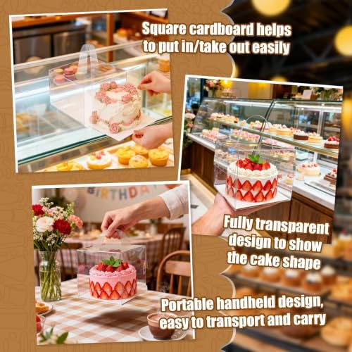 RAINFLOW 6 Packs Clear Cake Boxes with Handle - 6x6x5 Inch Gift Treat Boxes