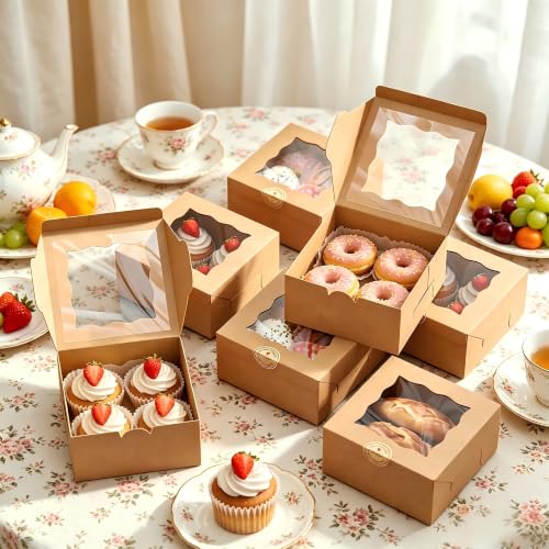 50Pcs 6x6x3 Inch Cookie Boxes with Window, Boxes for Baked Goods - size: Medium-Brown