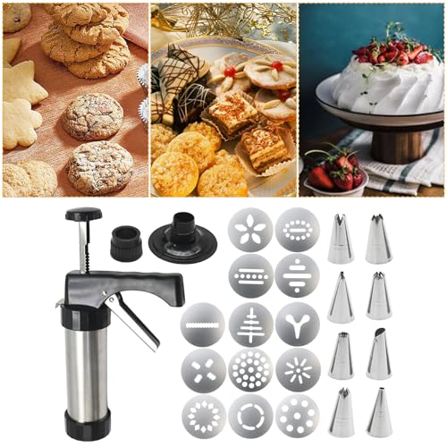 Hoypeyfiy Cookie Press Gun Kit, Versatile Stainless Steel Cookie Press, Includes 13 Discs and 8 Piping Tips for Baking and Decorating Cookies and Cakes