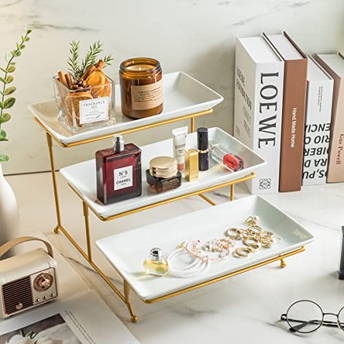 YHOSSEUN 3 Tier Serving Tray with Serving Stand, Ceramic, 12 inch Gold - color: Gold Stand, size: 11.7" x 15.9" x 9.1"