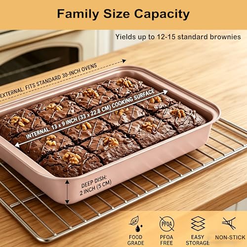 9x13 Baking Pan & Dish, 13x9 Nonstick Rectangle Cake Pan, Rose Gold