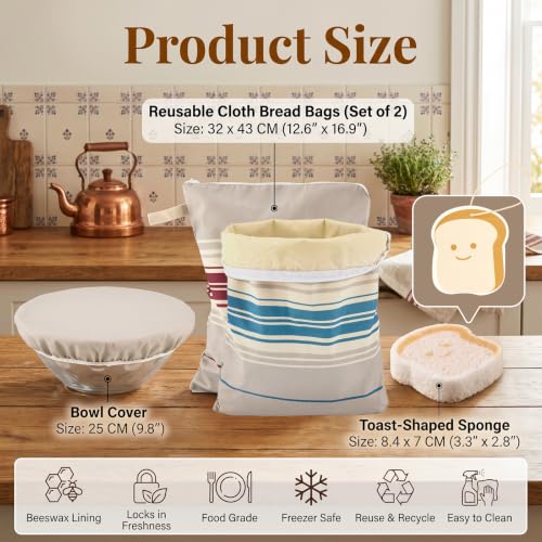 4-Pcs XL Beeswax Bread Bag Set: 2 Bags, Bowl Cover & Cleaning Sponge - color: Striped
