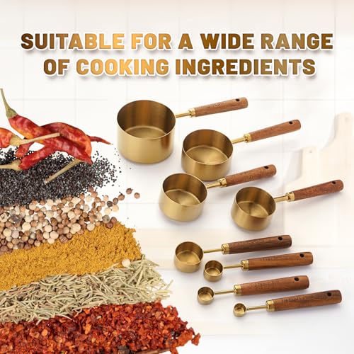 Premium Stainless Steel Measuring Cups and Spoons Set with Wood Handle - color: Gold8
