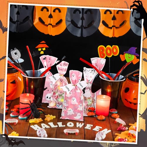 woric 100 Set Pink Ghost Halloween Treat Bags Cellophane Candy Bags - color: Pink Ghost
