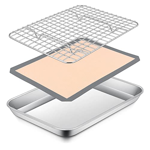 P&P CHEF 10.4 x 8 x 1 Inch Toaster Oven Pan Tray with Rack and Mat - 3Pcs - size: 10.4 x 8 x 1 Inch