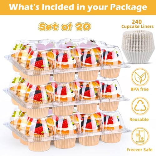 Plastic Cupcake Containers 12 Count (20 Sets), Stackable Cupcake Boxes Holders with Tall Dome Lid, Disposable Cupcake Carrier Trays Include 240 Cupcake Liners