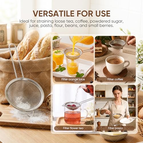 Mini Fine Mesh Strainer Set 5 Pack, Stainless Steel Small Sieves Colanders, Multipurpose Sifter Strainer for Tea, Pasta, Juice & Baking（ 2.13″, 2.72″, 3.29″, 3.9″ and 4.72″）