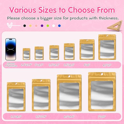 FUNFERY 100 Pack Mylar Resealable Bags, Gold Foil Packaging Bags - color: Gold, size: 2.4 x 3.9 inch