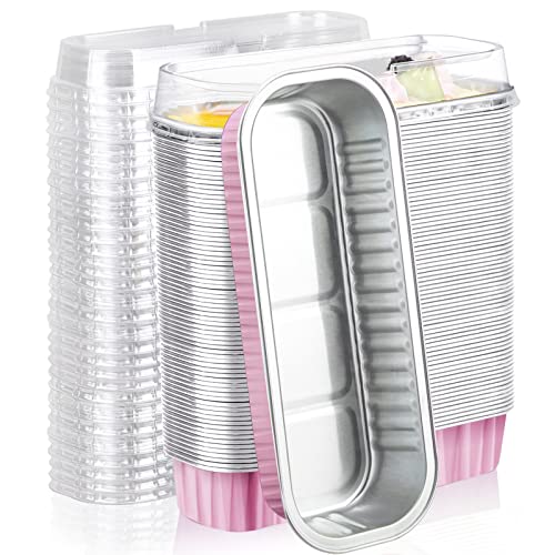 EUSOAR Dessert Cups with Lids, 100pcs 6.8oz 6.5"x2.5"x1.2" Pink Aluminum Foil Baking Cups Mini Loaf Pan Tin, Disposable Ramekins Containers Cheesecake Creme Brulee for Party Shower Wedding Gathering - color: Pink, size: 100pcs