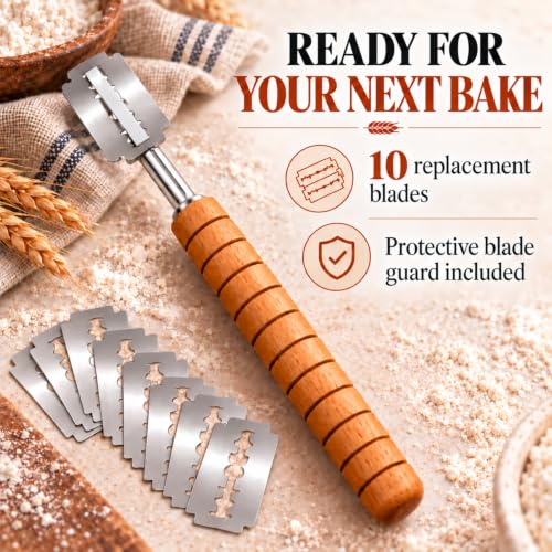 Bread Lame - Handcrafted Sourdough Scoring Tool with 10 Replacement Blades and Leather Cover, Bread Scoring Tool for Dough Slashing and Sourdough Tools
