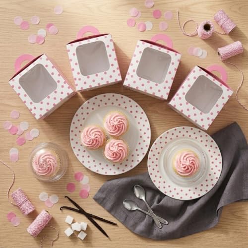 Pink Polka Dot Cupcake Boxes with Window and Handles, 24 Count