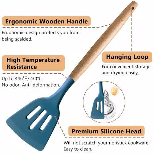 Silicone Cooking Utensils Set 6Pcs Heat Resistant Silicone Kitchen Utensils Set for Cooking Spatula Spoon Turner Ladle w Wooden Handle, BPA FREE Kitchen Gadgets for Nonstick Cookware & Baking - color: Blue, size: Standard 6-Piece Set