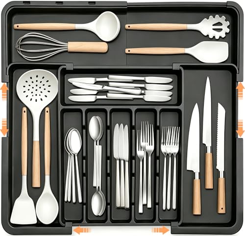 Spaclear Large Silverware Drawer Organizer Expandable Kitchen Utensil Tray - color: Black