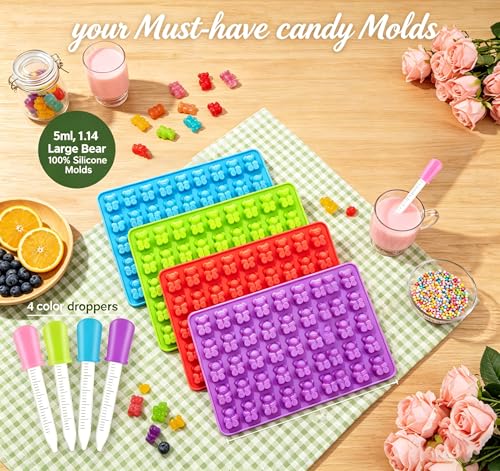 4 pcs Large Gummy Bear Molds 5 ML, BPA-FREE Silicone Chocolate Candy Gummy Molds with 4 Droppers，Non-stick and Bpa Free for Candy Chocolate Gummies Baking -140 Cavity - color: 4pc- Large Bear