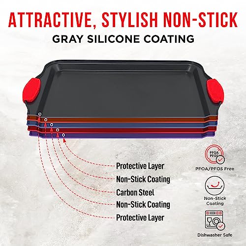 Nonstick Cookie Sheet Pan Carbon Steel Oven Tray Sheet Pan with Red Silicone Handles -Small Bakeware Pan Tray with Gray Coating Inside & Outside - color: Black, size: Small