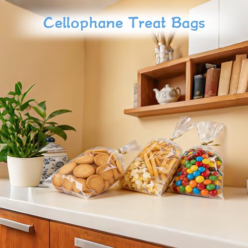 Gewutho 100 Pack Cellophane Bags, 6×10-Inch Clear Cellophane Gift Bags with 100 Gold Twist Ties Included, Plastic Packaging Bags Ideal for Wrapping Cookies, Candies, Party Favors, and Popcorn