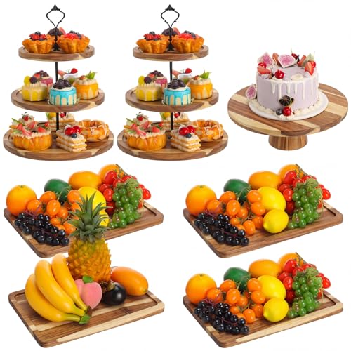 RattanView 7 Pcs Wooden Dessert Display Set 3 Tier Stands Trays, Brown - color: Brown