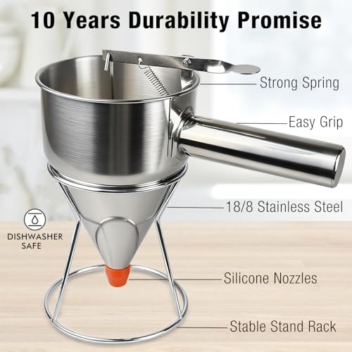 Pancake Batter Dispenser, Large 40oz/1200ml Multi-Caliber Stainless Steel Funnel Cake Dispenser with Stand for Commercial and Home Use