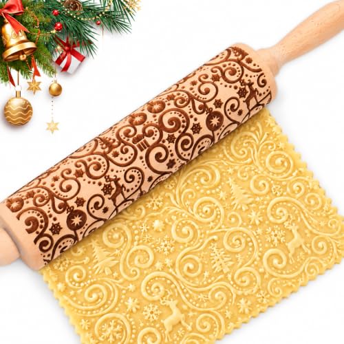 Floral Reindeer Embossed Rolling Pins for Cookies, Wooden Engraved Rolling Pin for Baking, Embossing Rolling Pin with Design, Patterned Rolling Pin Decorative Springerle Mold Stamp Clay Pattern Roller - color: Floral Reindeer