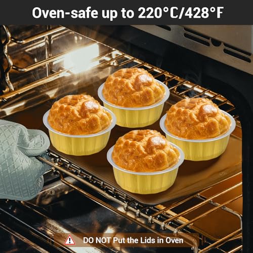 EUSOAR Cupcake Liners, 100pcs 9oz Gold Aluminum Creme Brulee Ramekins with Lids, Disposable Muffin Tins Cupcakes Baking Cups Pudding Holders Mini Brownie Cakes Pans for Wedding Birthday Theme Party - color: Gold, size: 100pcs