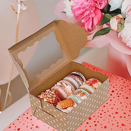 Polka Dot Cookie Boxes - 12 Pack - Brown Bakery Gift Box with Window - color: Craft White Polka Dots