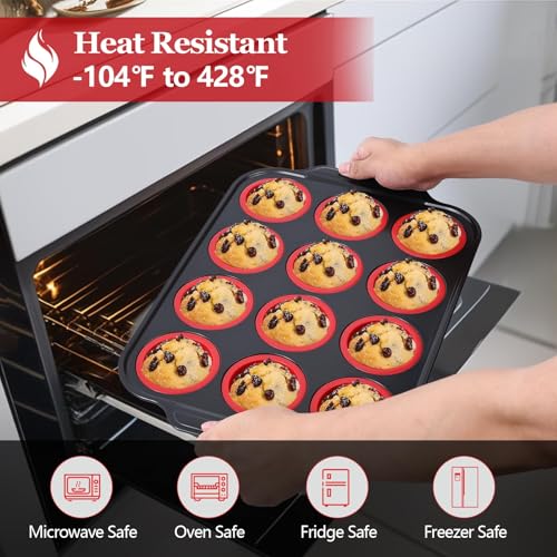 Silicone Muffin Pan, 12-Cup Nonstick Silicone Muffin Pans for Baking, Food-Grade Cupcake Pan for Oven, Microwave, Dishwasher Safe, BPA-Free Silicone Baking Mold for Muffins, Cupcakes, Egg Muffins - color: 12 Cups Red