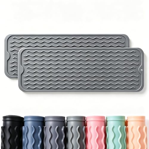 2 Pack Caketime Silicone Dish Drying Mat for Kitchen Counter Waterproof Under Sink Near Faucet with Bathroom Coffee Organizer Soap Holder New Home Essentials Drainers 17"x6" Gray