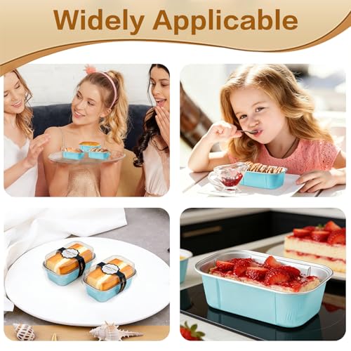 Mini Cake Pans With Lids And Spoons,5.5 oz Rectangle Mini individual Loaf Pans Disposable Aluminum Foil Small Baking Cups Tins (100, Wathet) - color: Wathet