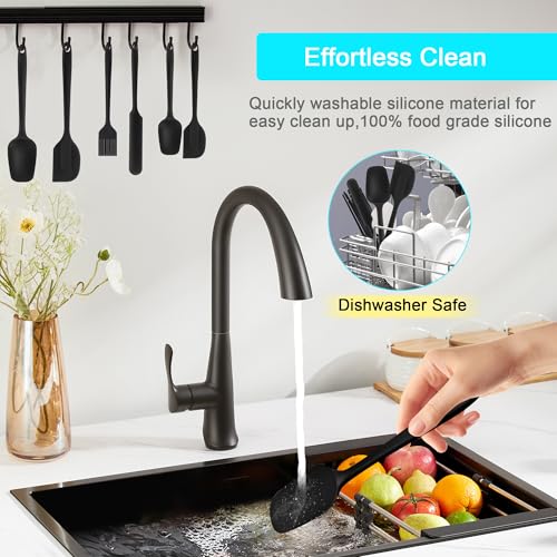 Silicone Spatula Set 6 Pack Food Grade Kitchen Utensils with Silicone Brush - color: Black