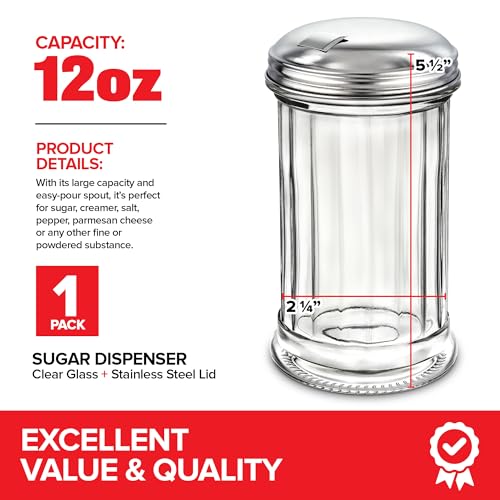 Stock Your Home Glass Sugar Dispenser- Fluted Sugar Pourer with Stainless Steel Self Closing Lid - Crystal Clear Sugar Shaker for Diners, Cafes, Bakeries, Coffee Shops, Restaurants, Kitchens