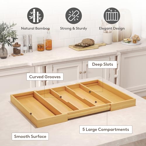 Lifewit Bamboo Kitchen Drawer Organizer, Cooking Utensil Silverware Tray - color: Natural, size: 5 Slot(15.6~28''W x 18.5'' D)