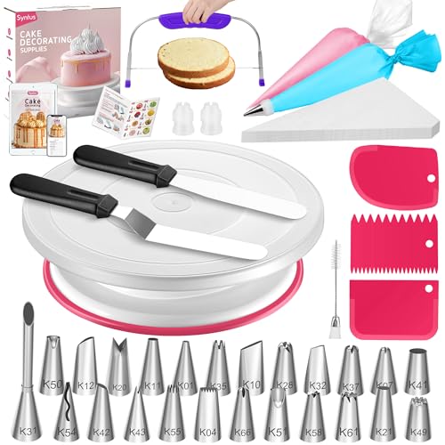 Syntus 65 PCs Cake Decorating Kit with Cake Stand, Cake Baking Supplies - color: Rose Pink